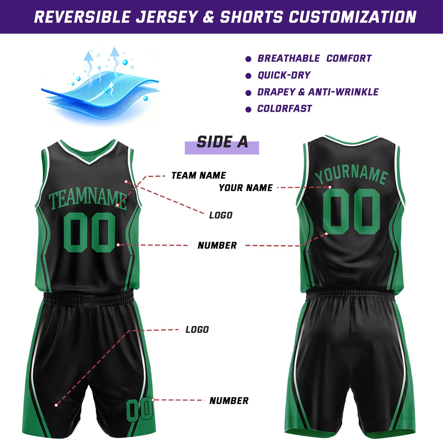 Custom Black & Green Reversible Geometric Basketball Jersey Shorts Set | Personalized Team Uniform