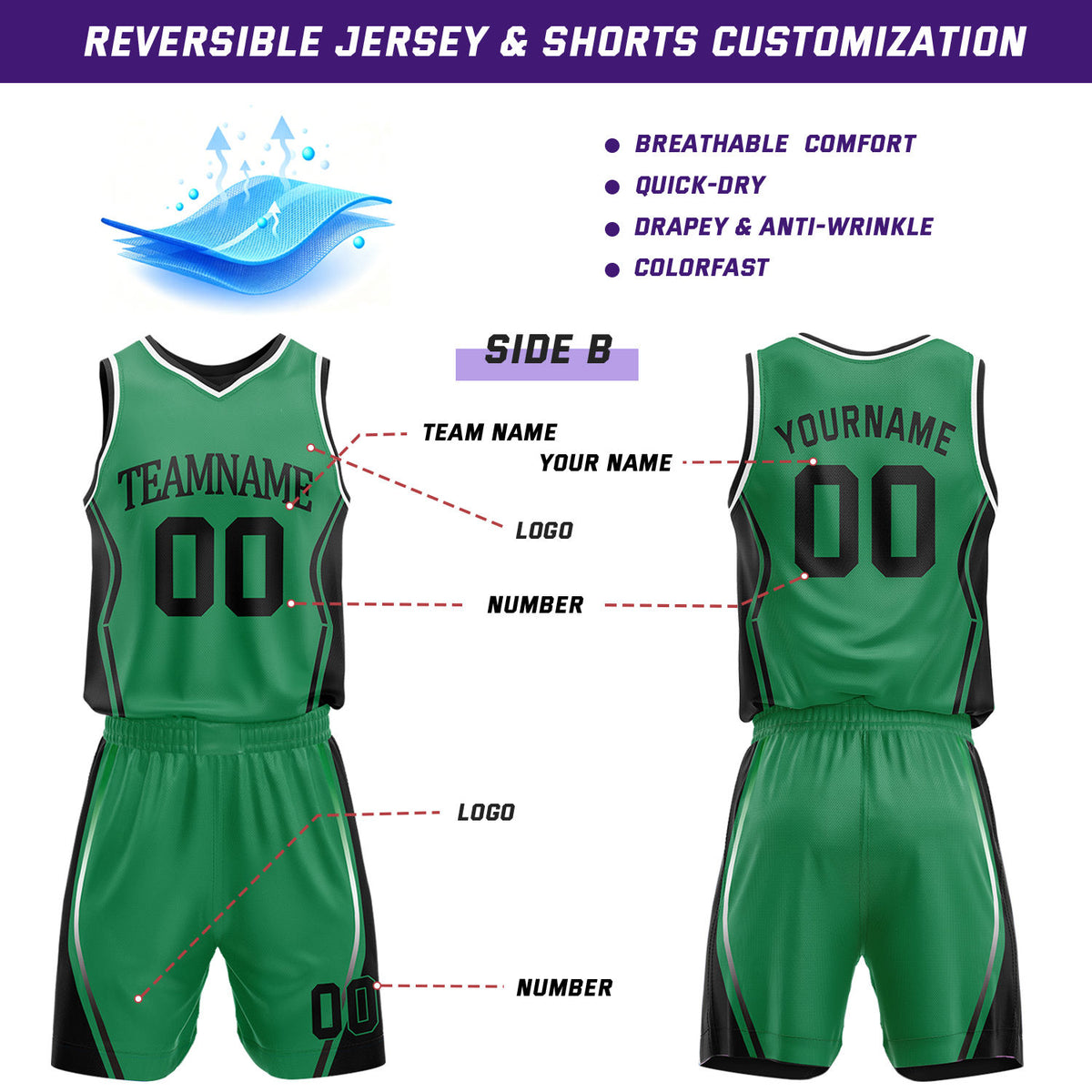 Custom Black & Green Reversible Geometric Basketball Jersey Shorts Set | Personalized Team Uniform