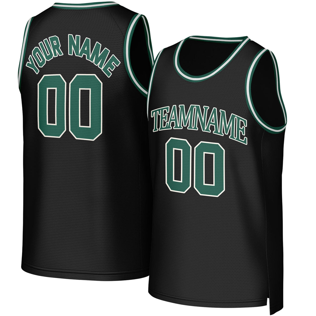 Custom black & green basketball jersey by Vosoli. Personalized with team name, player name, number, and logo. Breathable mesh jersey for high school, college, AAU teams.