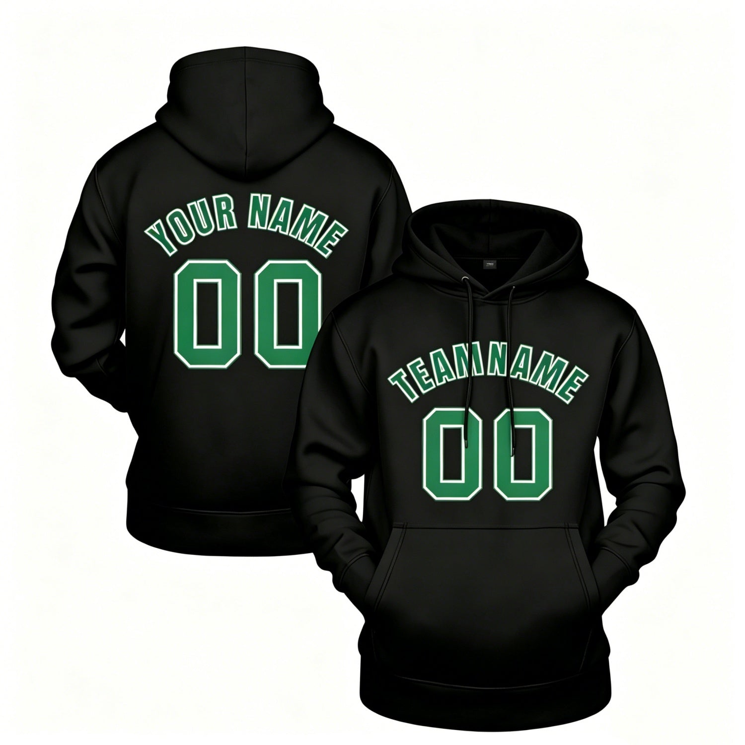 Custom black hoodie with green print, personalized name & number pullover, casual sports hoodie for men women youth fan wear - Vosoli