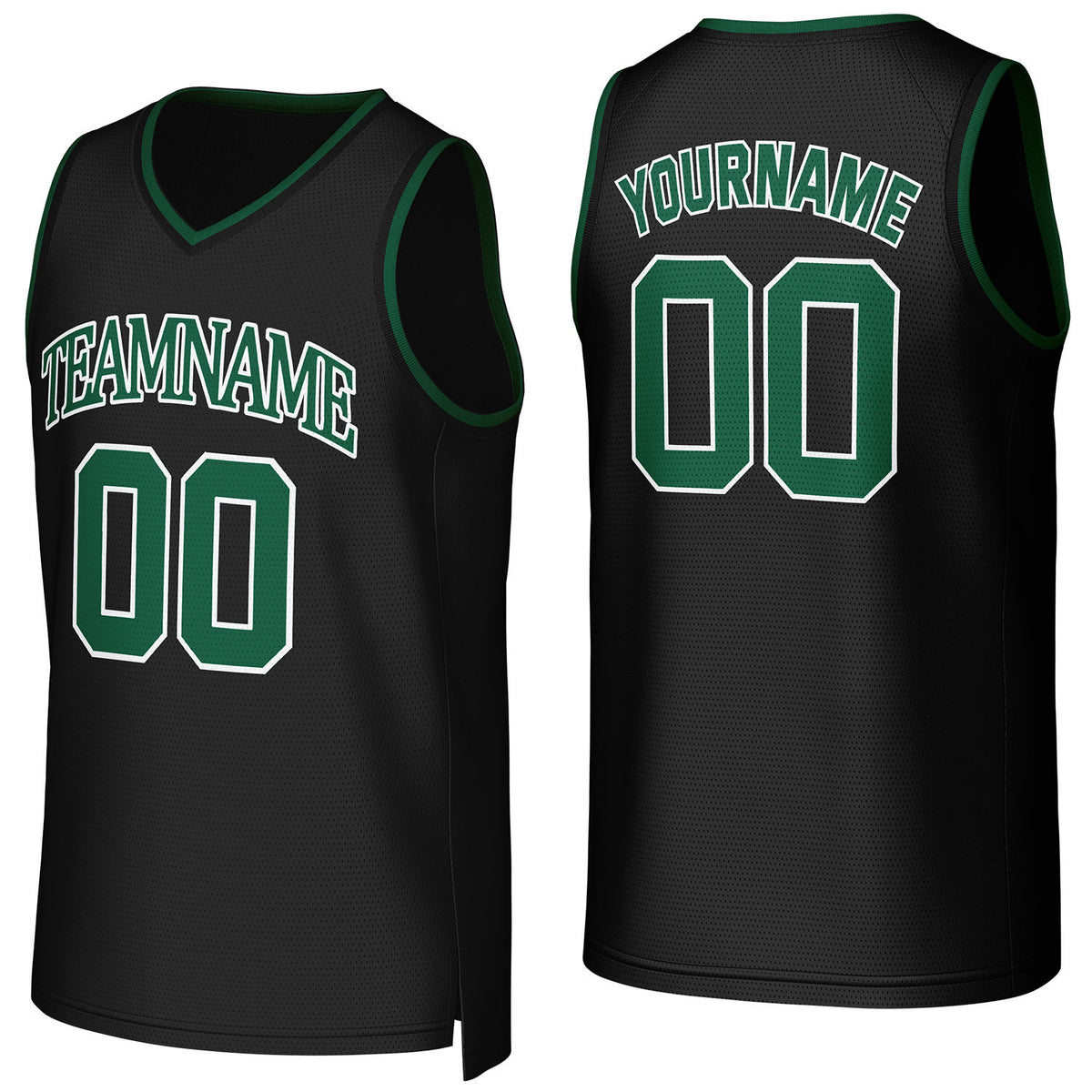 Custom black-green V-neck mesh basketball jersey by Vosoli | Personalized name &amp; number team uniform for youth &amp; adults