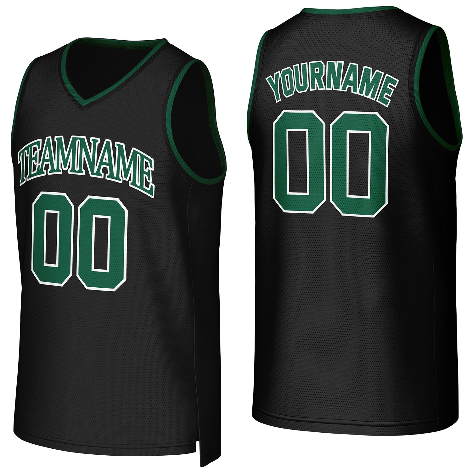 Custom black-green V-neck mesh basketball jersey by Vosoli | Personalized name & number team uniform for youth & adults
