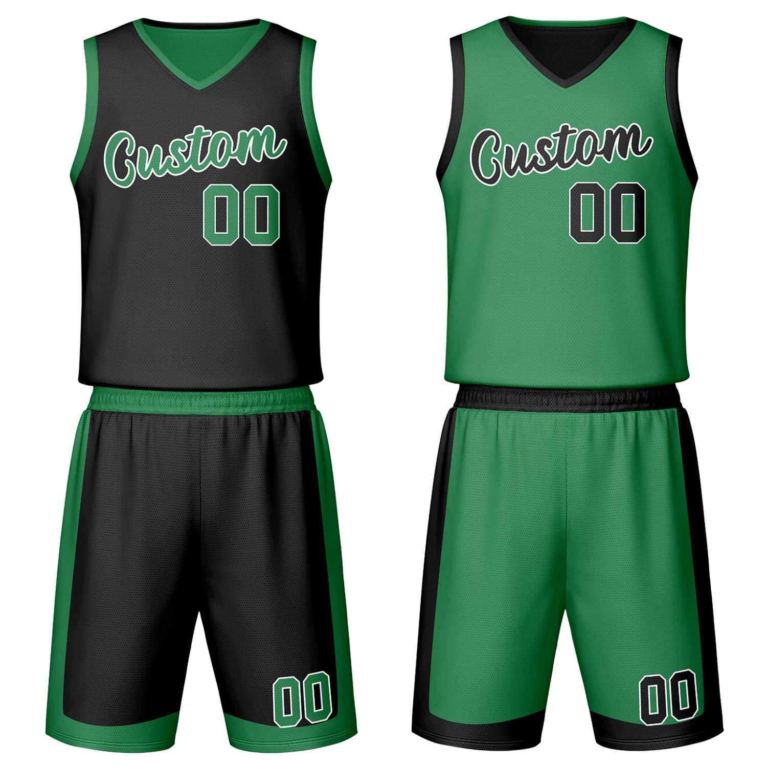 Custom black & green reversible basketball jersey set with shorts by Vosoli | Personalized team name, number & logo | Breathable mesh sport jersey uniform