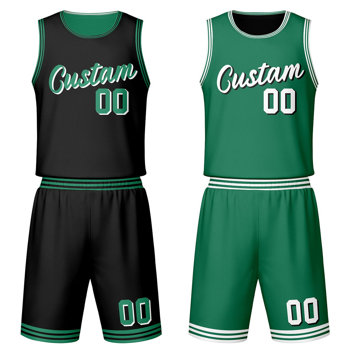 Custom black &amp; green reversible basketball jersey set with shorts by Vosoli | Personalized team name, number &amp; logo | Breathable mesh sport jersey uniform