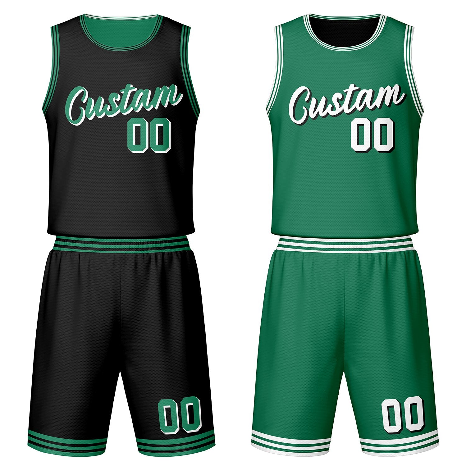 Custom black & green reversible basketball jersey set with shorts by Vosoli | Personalized team name, number & logo | Breathable mesh sport jersey uniform