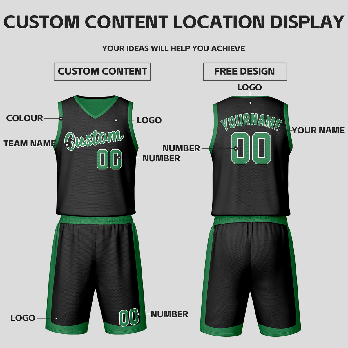 Custom Black Green Reversible Basketball Jersey Set | Personalized Name Number Mesh Sports Uniform