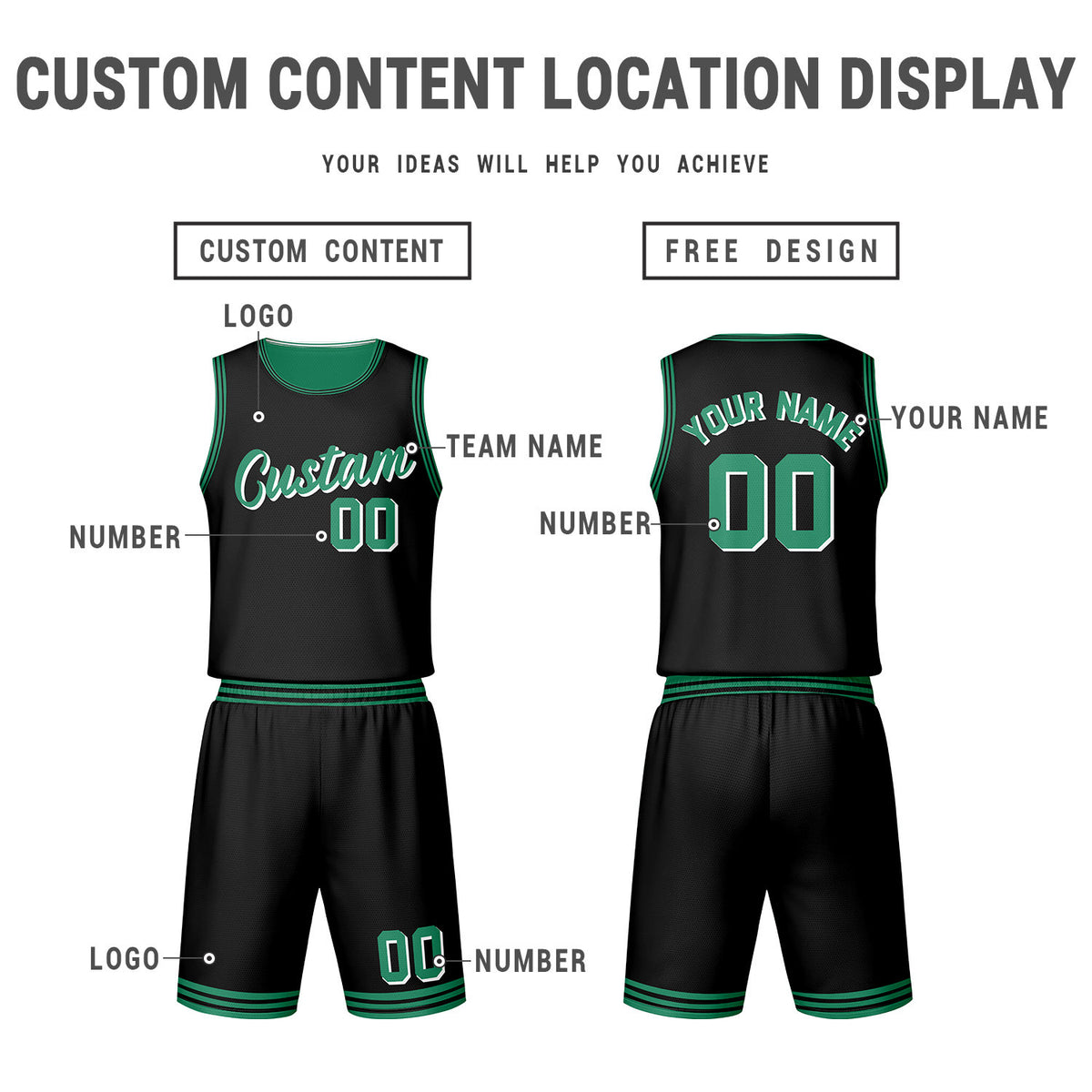 Custom Black Green Reversible Basketball Jersey Set | Personalized Name Number Mesh Sports Uniform