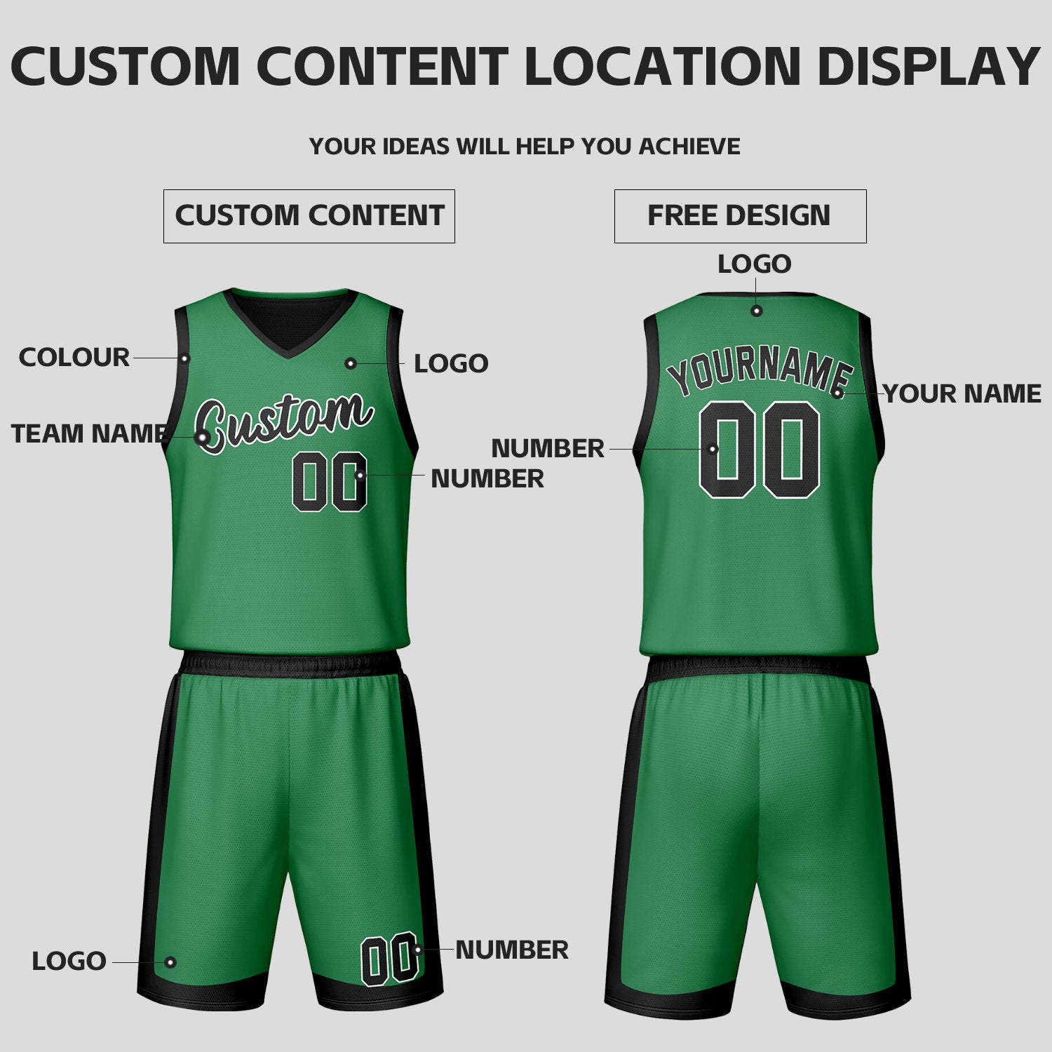 Custom Black Green Reversible Basketball Jersey Set | Personalized Name Number Mesh Sports Uniform