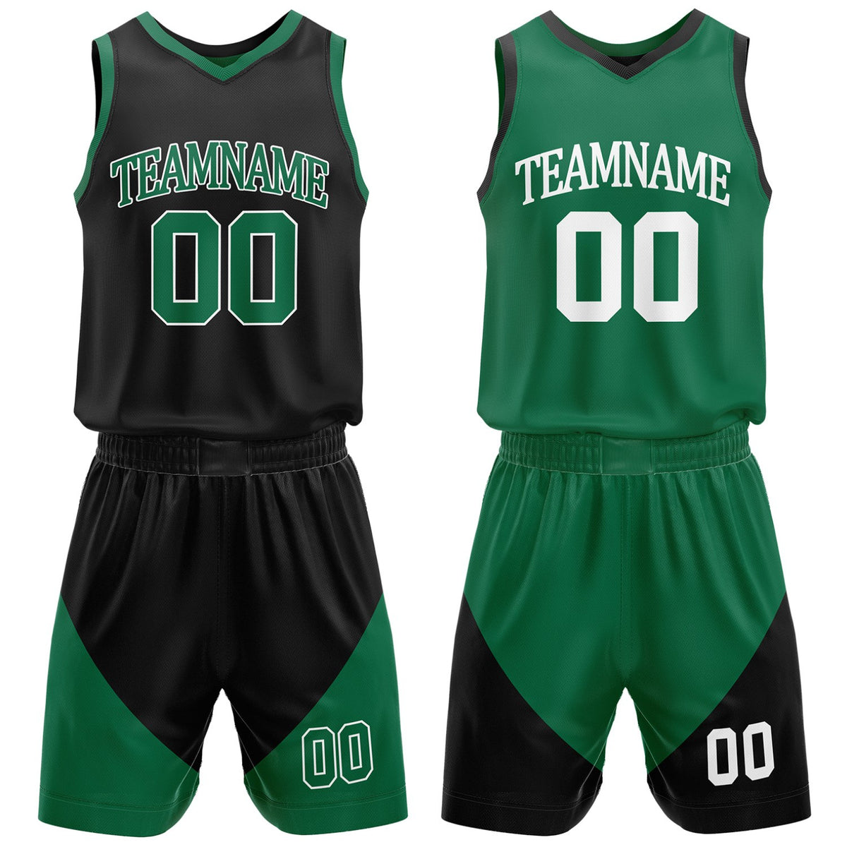 Custom black and green reversible basketball uniform by Vosoli. Personalized with team name, number, and logo. Breathable mesh jersey and shorts for high school, college teams.