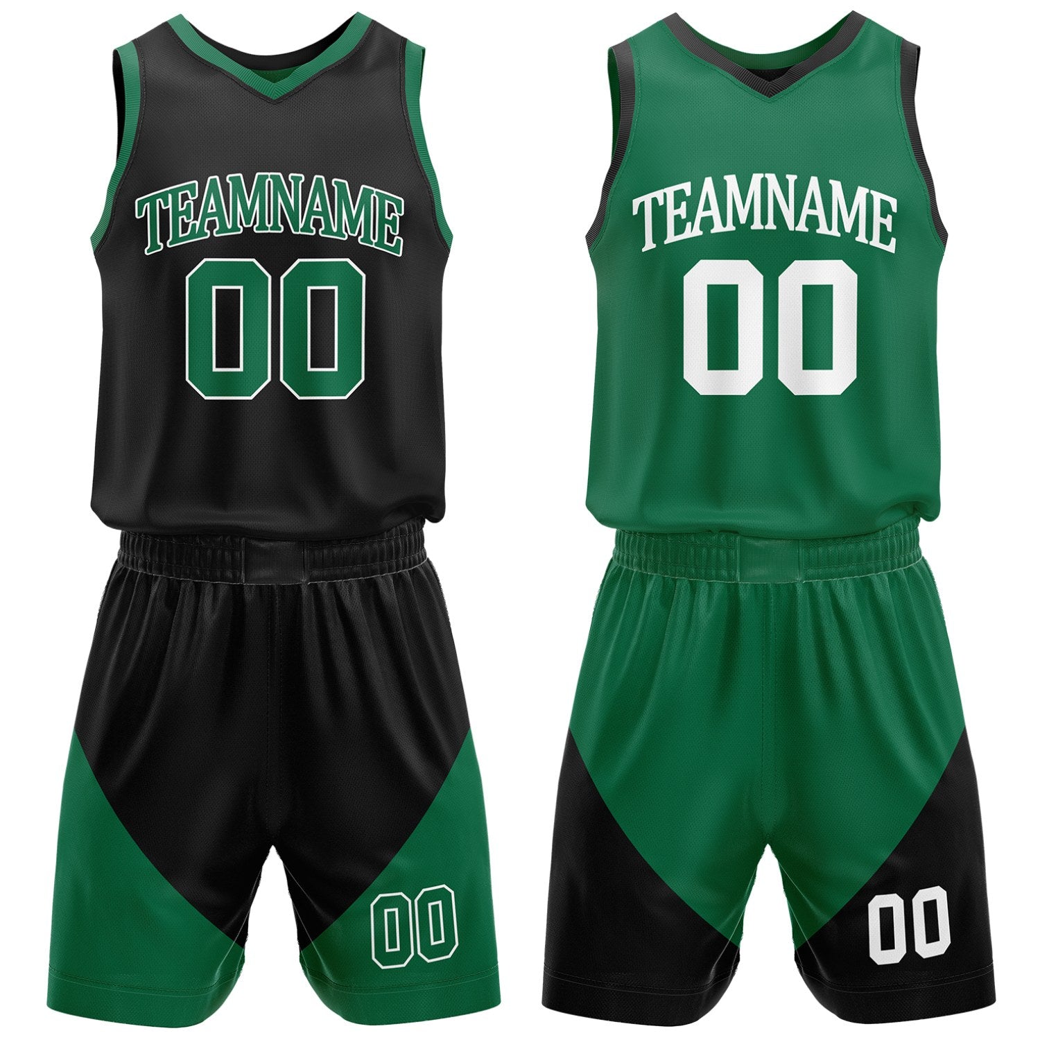 Custom black and green reversible basketball uniform by Vosoli. Personalized with team name, number, and logo. Breathable mesh jersey and shorts for high school, college teams.