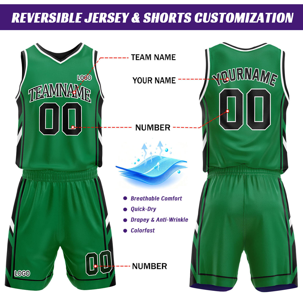 Custom Black & Green Reversible Basketball Uniform Set | Personalized Name Number Sports Jersey Shorts Kit