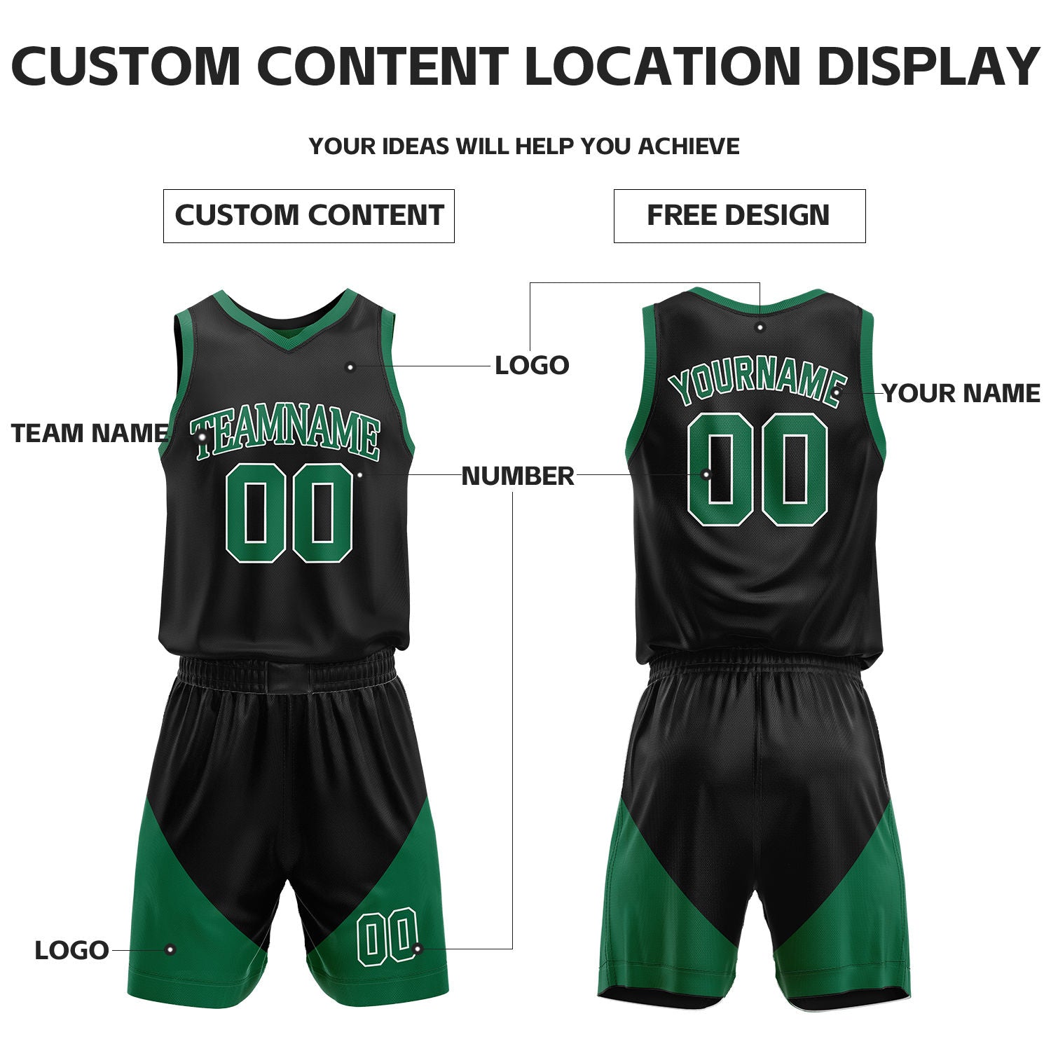 Custom Black & Green Reversible Basketball Uniform Set | Personalized Name Number Sports Jersey Shorts Kit