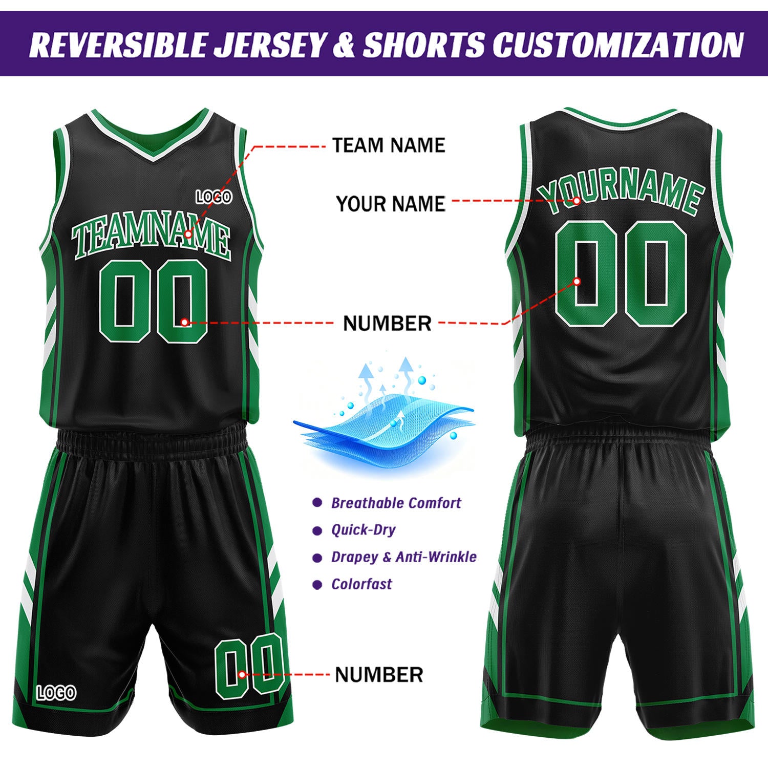 Custom Black & Green Reversible Basketball Uniform Set | Personalized Name Number Sports Jersey Shorts Kit