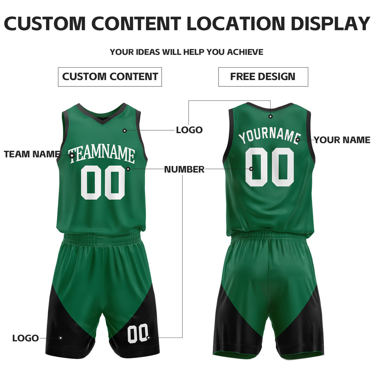 Custom Black & Green Reversible Basketball Uniform Set | Personalized Name Number Sports Jersey Shorts Kit
