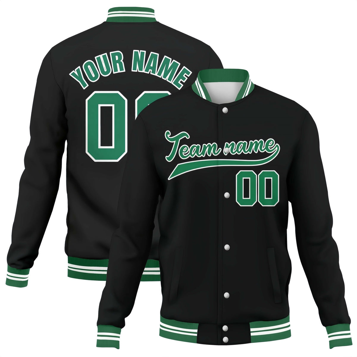 Custom black-green stitched varsity baseball jacket by Vosoli | Personalized stitched team name &amp; number button-front jacket for youth &amp; adults