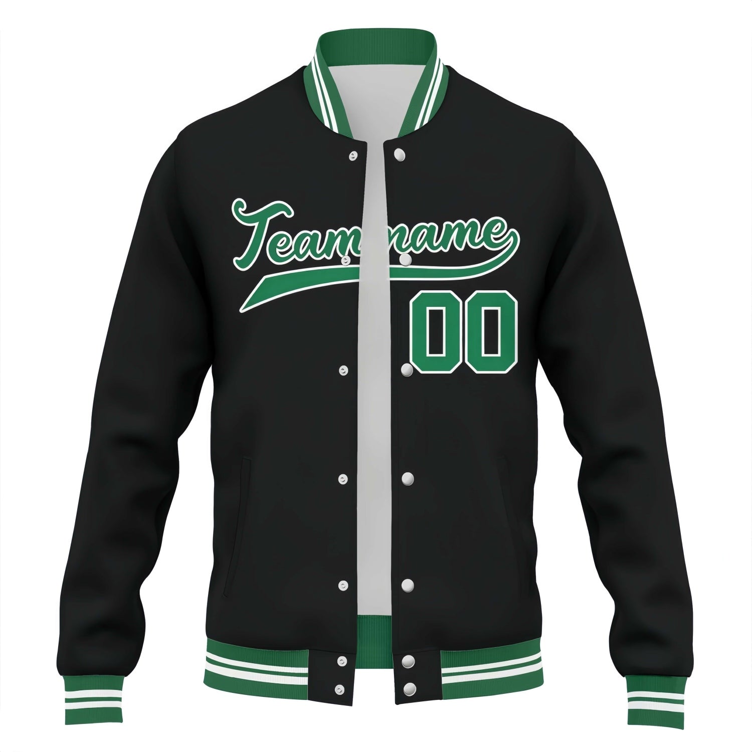 Custom Black & Green Varsity Baseball Jacket | Personalized Team Name & Number