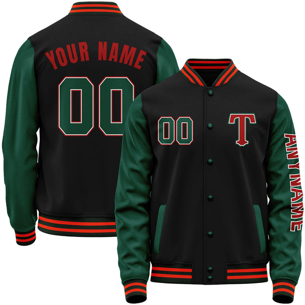 Custom black and green youth baseball team jacket by Vosoli with stitched name, number and logo. Classic varsity jacket for baseball and casual wear.