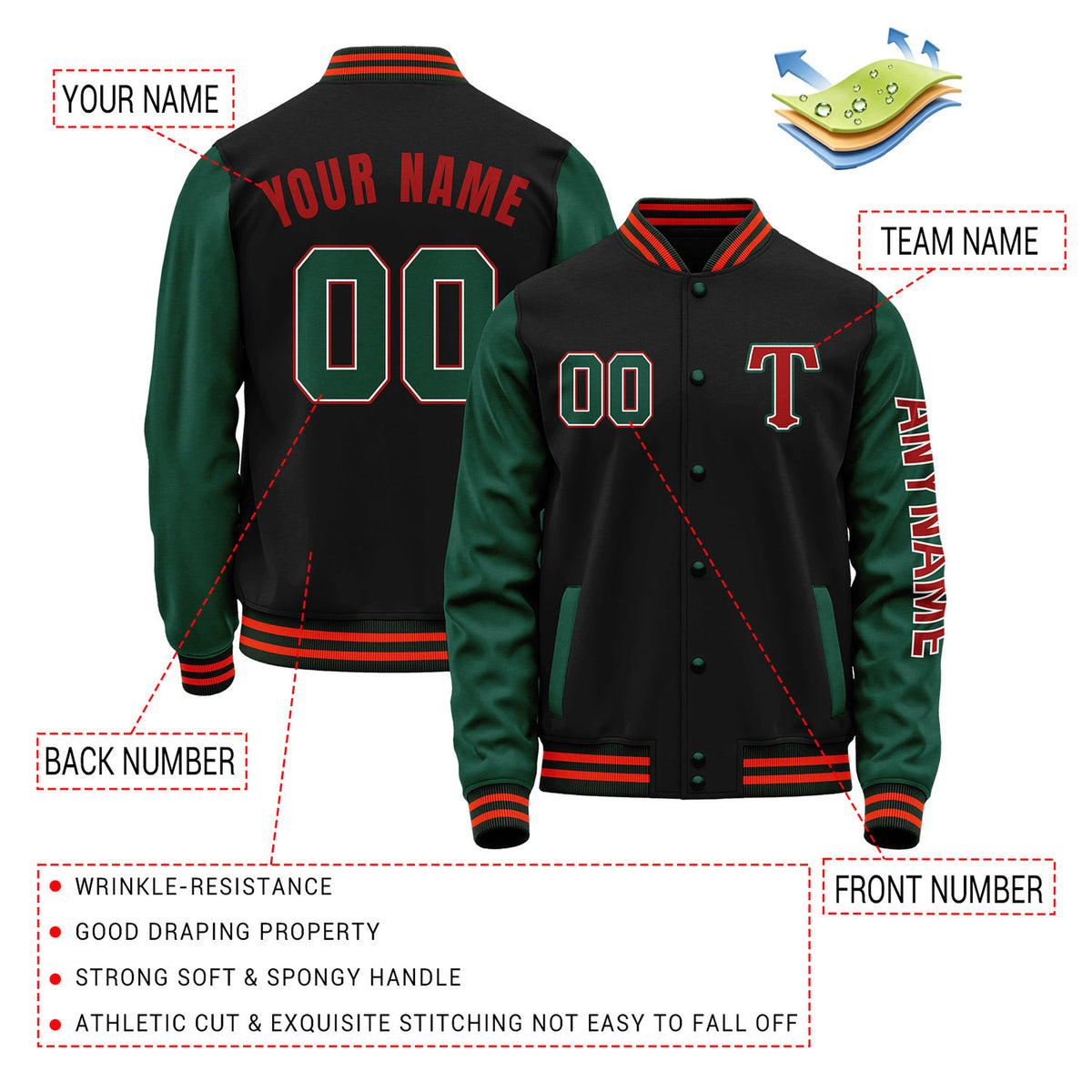 Custom Black & Green Varsity Letterman Jacket | Personalized Baseball Bomber Coat for Adult & Youth