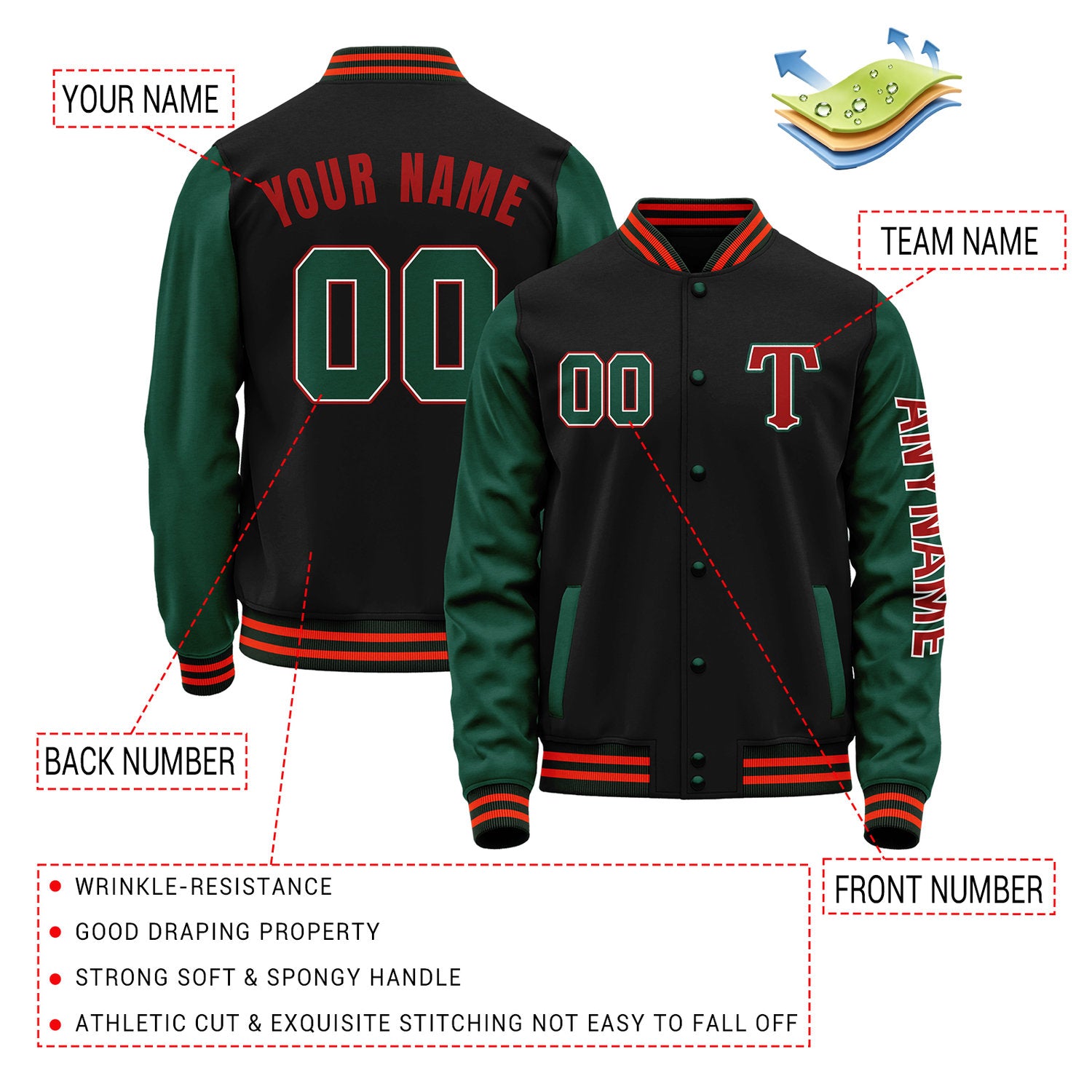 Custom Black & Green Varsity Letterman Jacket | Personalized Baseball Bomber Coat for Adult & Youth