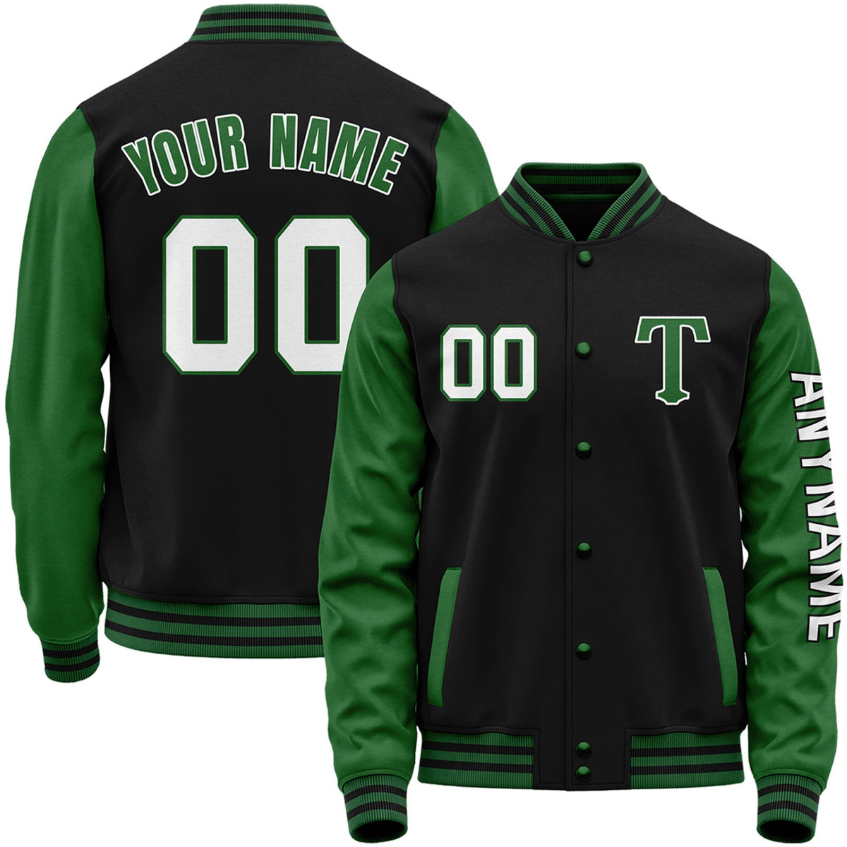 Custom black and green youth varsity baseball jacket by Vosoli with stitched name, number and logo. Classic varsity jacket for baseball and casual wear.