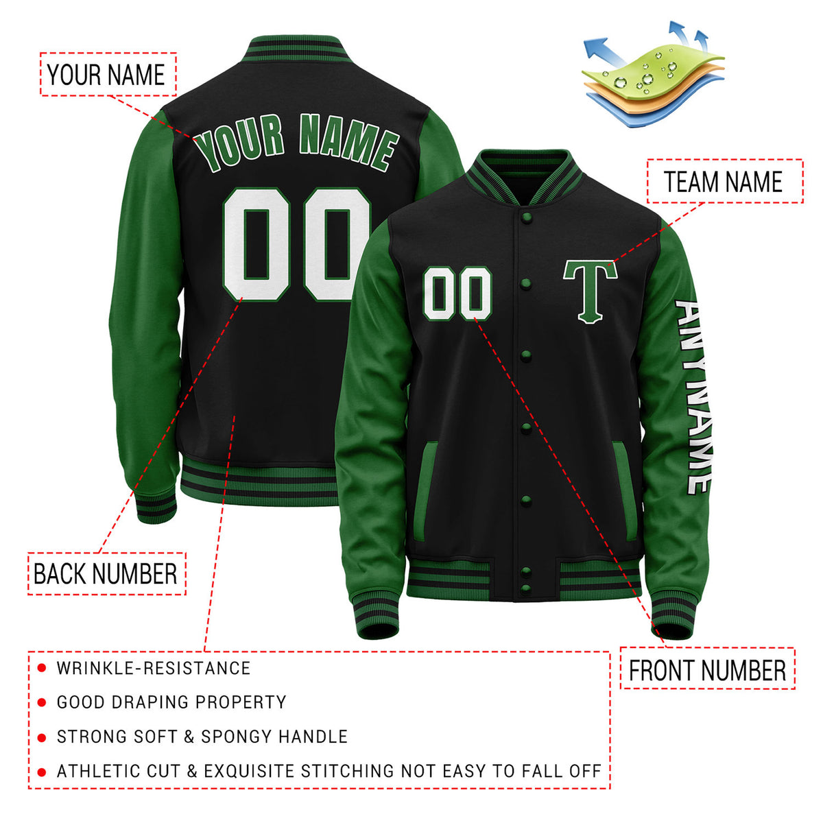 Custom Black & Green Varsity Letterman Jacket | Personalized Baseball Bomber Coat for Adult & Youth