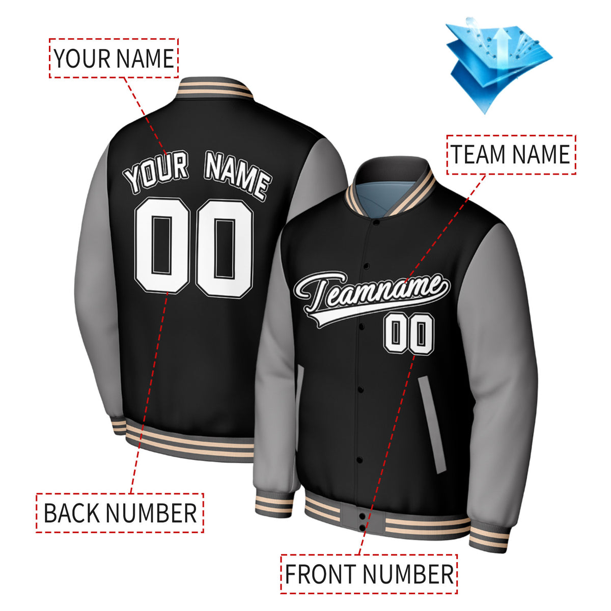 Custom Black & Grey Baseball Jacket | Personalized Letterman Jacket with Stitched Name & Number for Adult & Youth