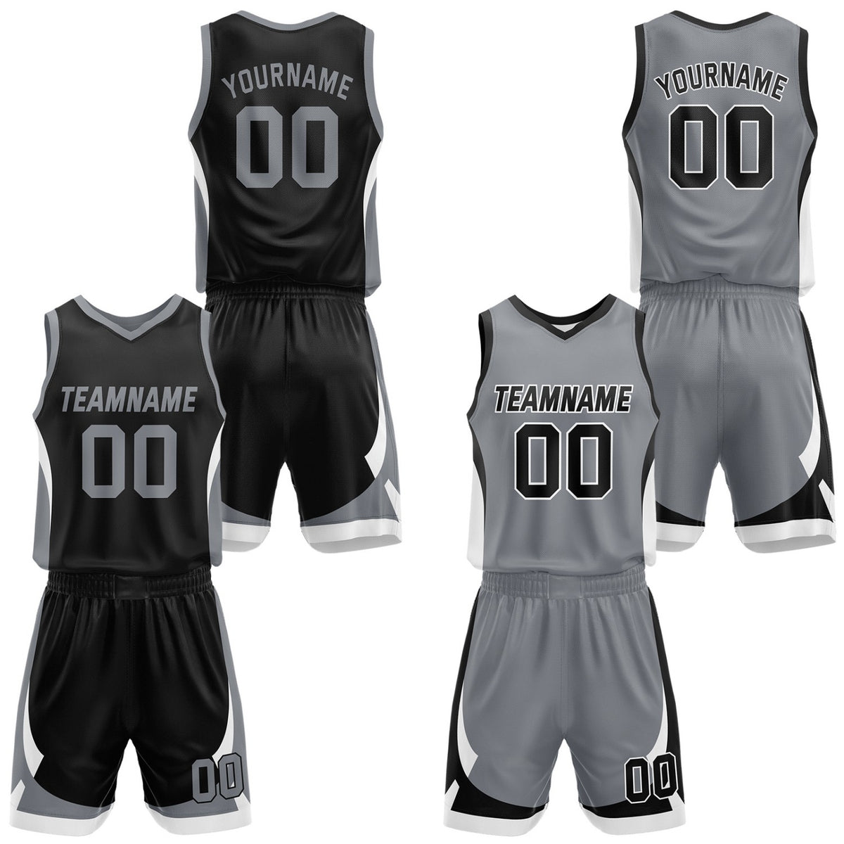 Custom black &amp; grey reversible basketball jersey set with shorts by Vosoli | Personalized team name, number &amp; logo | Breathable mesh sport jersey uniform