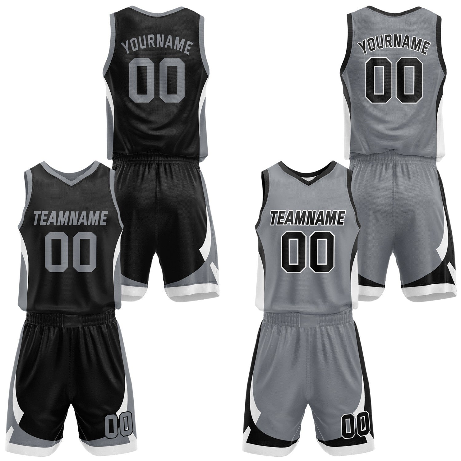 Custom black & grey reversible basketball jersey set with shorts by Vosoli | Personalized team name, number & logo | Breathable mesh sport jersey uniform