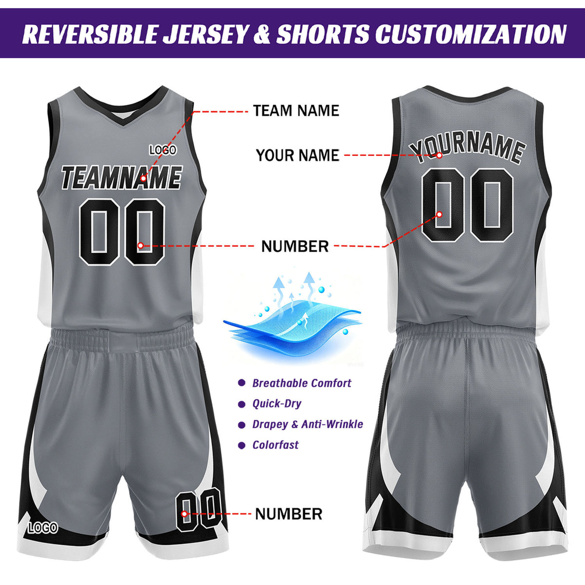 Custom Black Grey Reversible Basketball Jersey Set | Personalized Name Number Mesh Sports Uniform