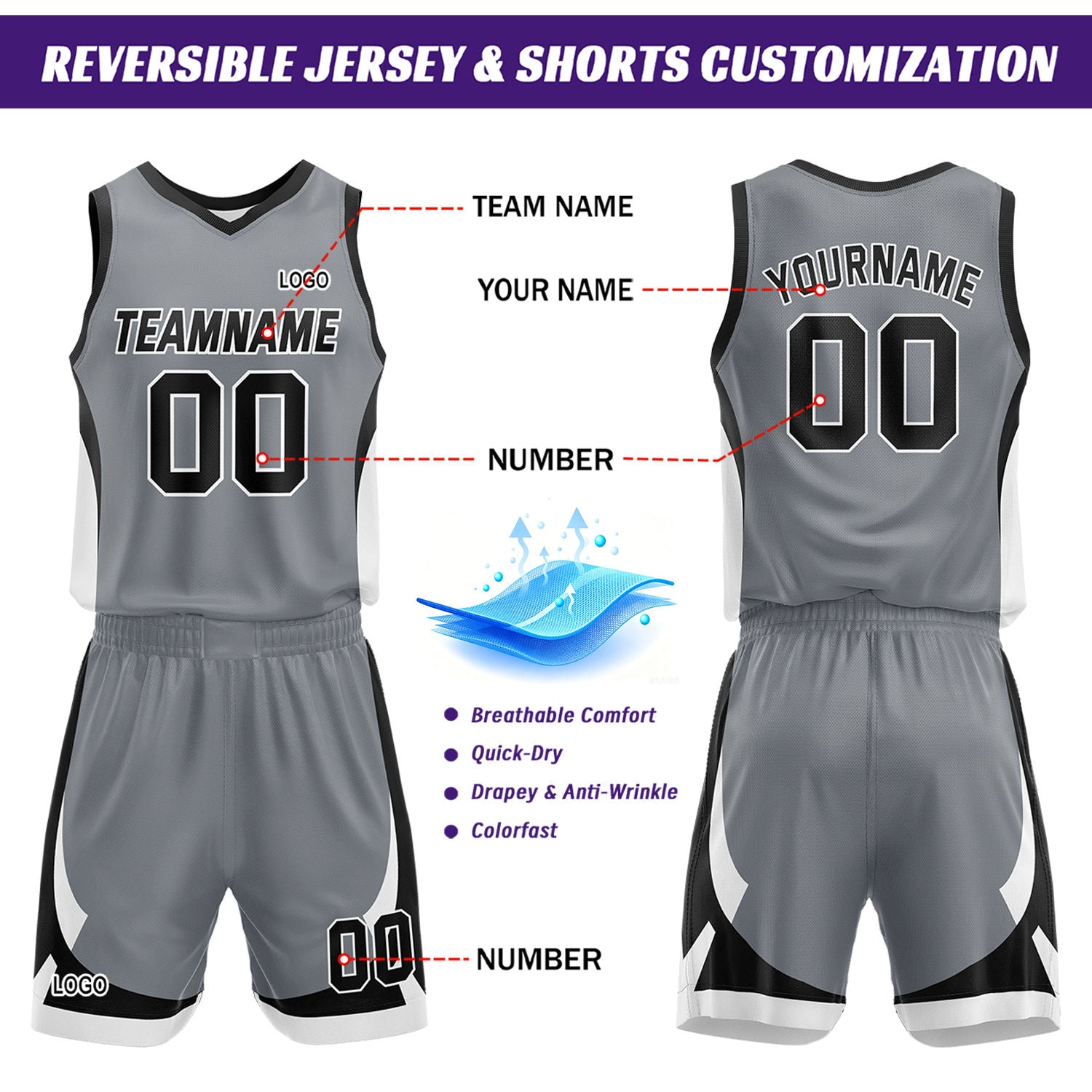 Custom Black Grey Reversible Basketball Jersey Set | Personalized Name Number Mesh Sports Uniform