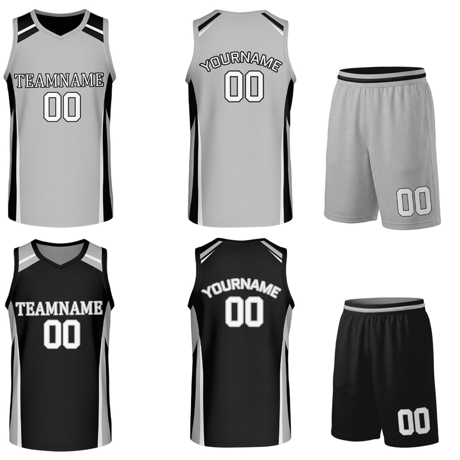 Custom black and grey reversible basketball uniform by Vosoli. Personalized with team name, number, and logo. Breathable mesh jersey and shorts for high school, college, and AAU teams.