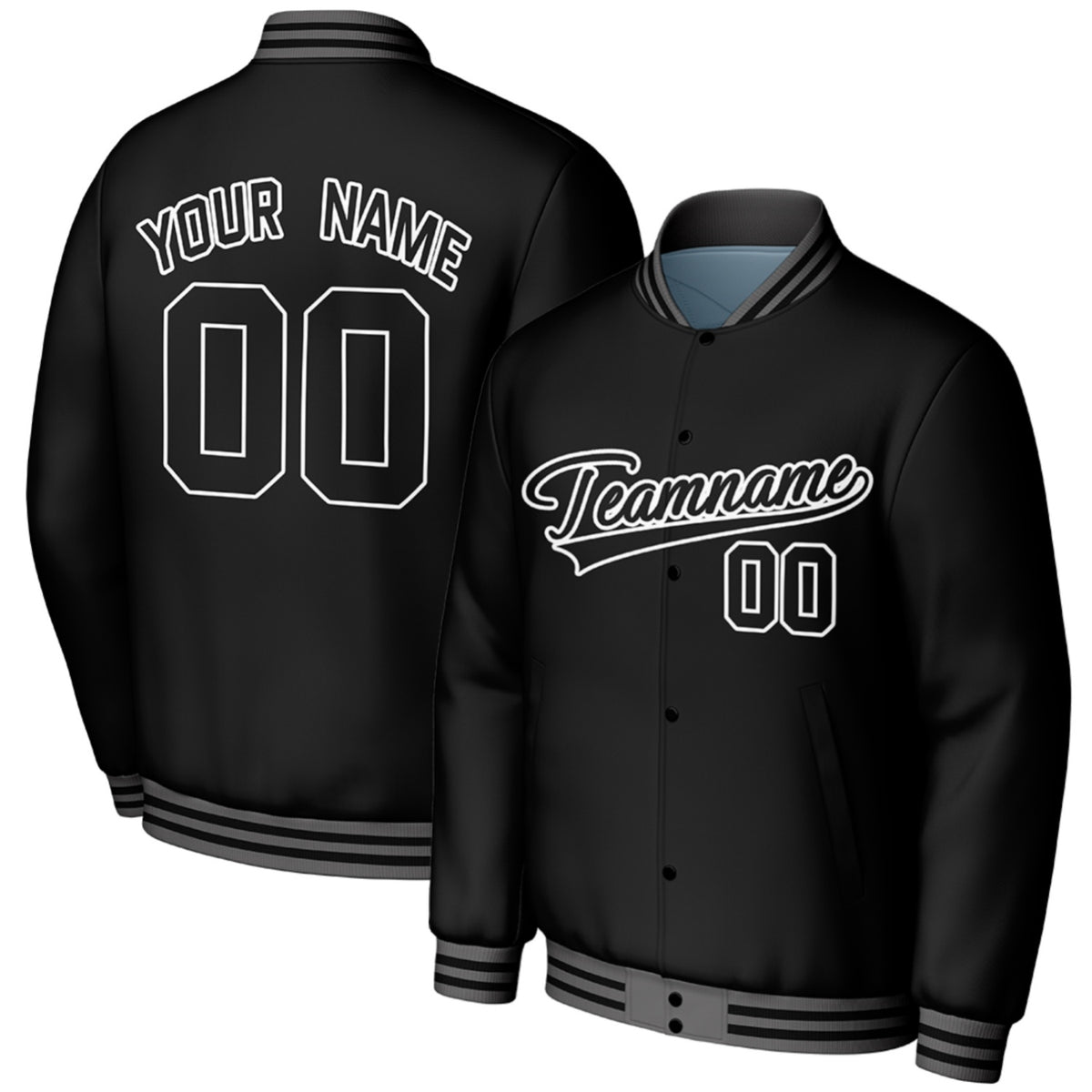 custom black high school baseball jacket by Vosoli, personalized stitched name, number &amp; logo, classic button up varsity letterman jacket for high school baseball team and casual wear