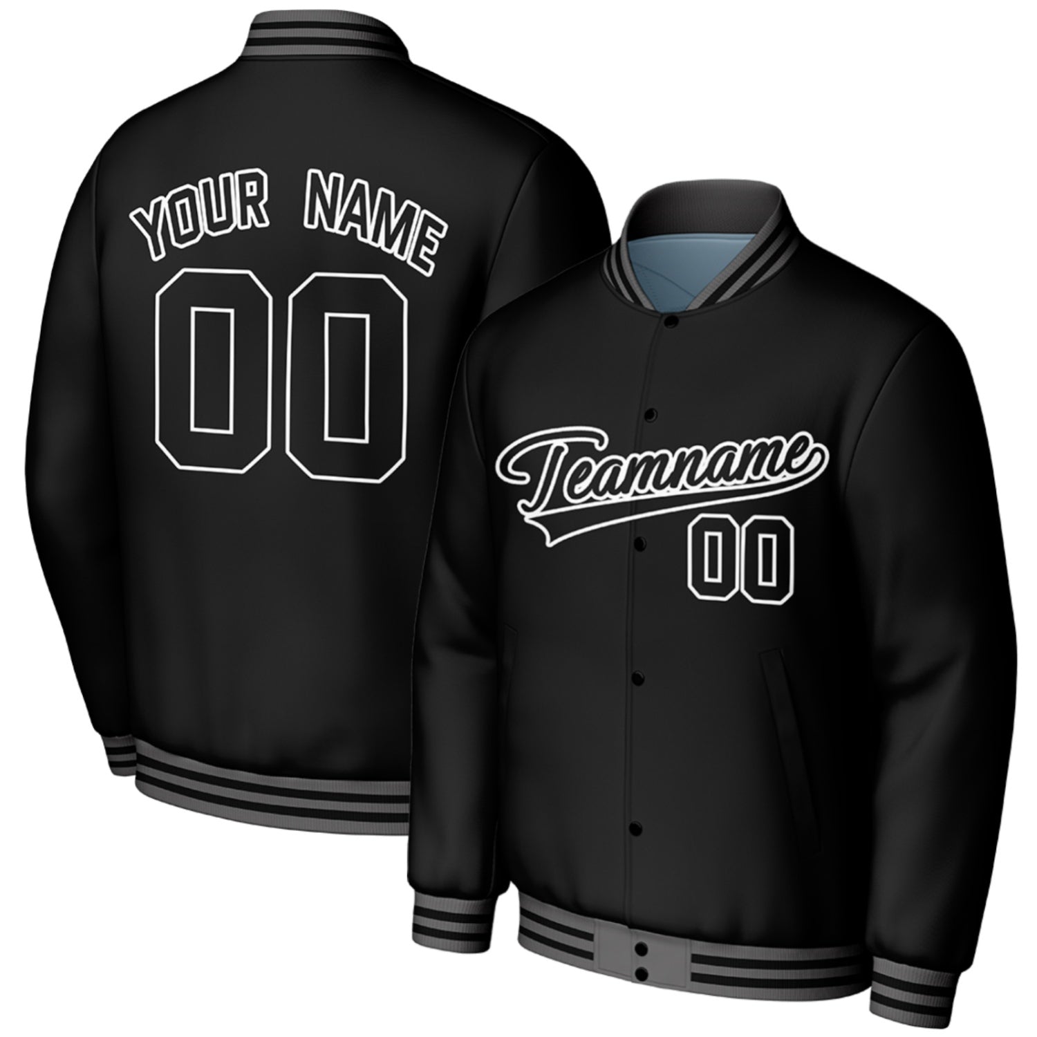 custom black high school baseball jacket by Vosoli, personalized stitched name, number & logo, classic button up varsity letterman jacket for high school baseball team and casual wear
