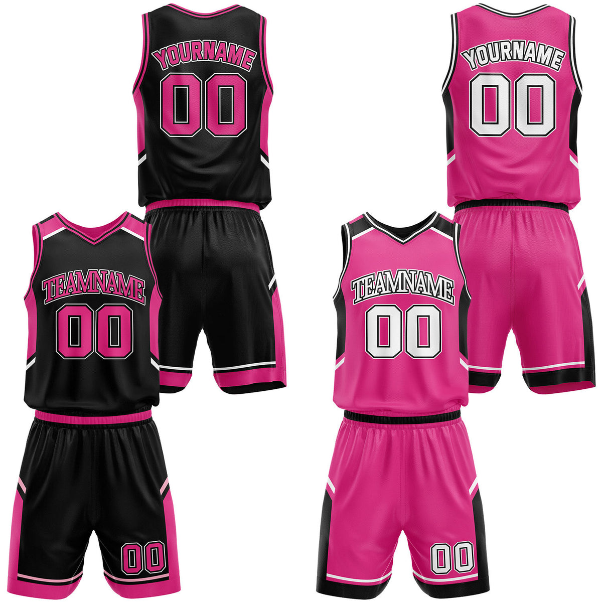 Custom black and hot pink relaxed fit basketball uniforms, personalized name, number and logo, breathable mesh for youth & adult.