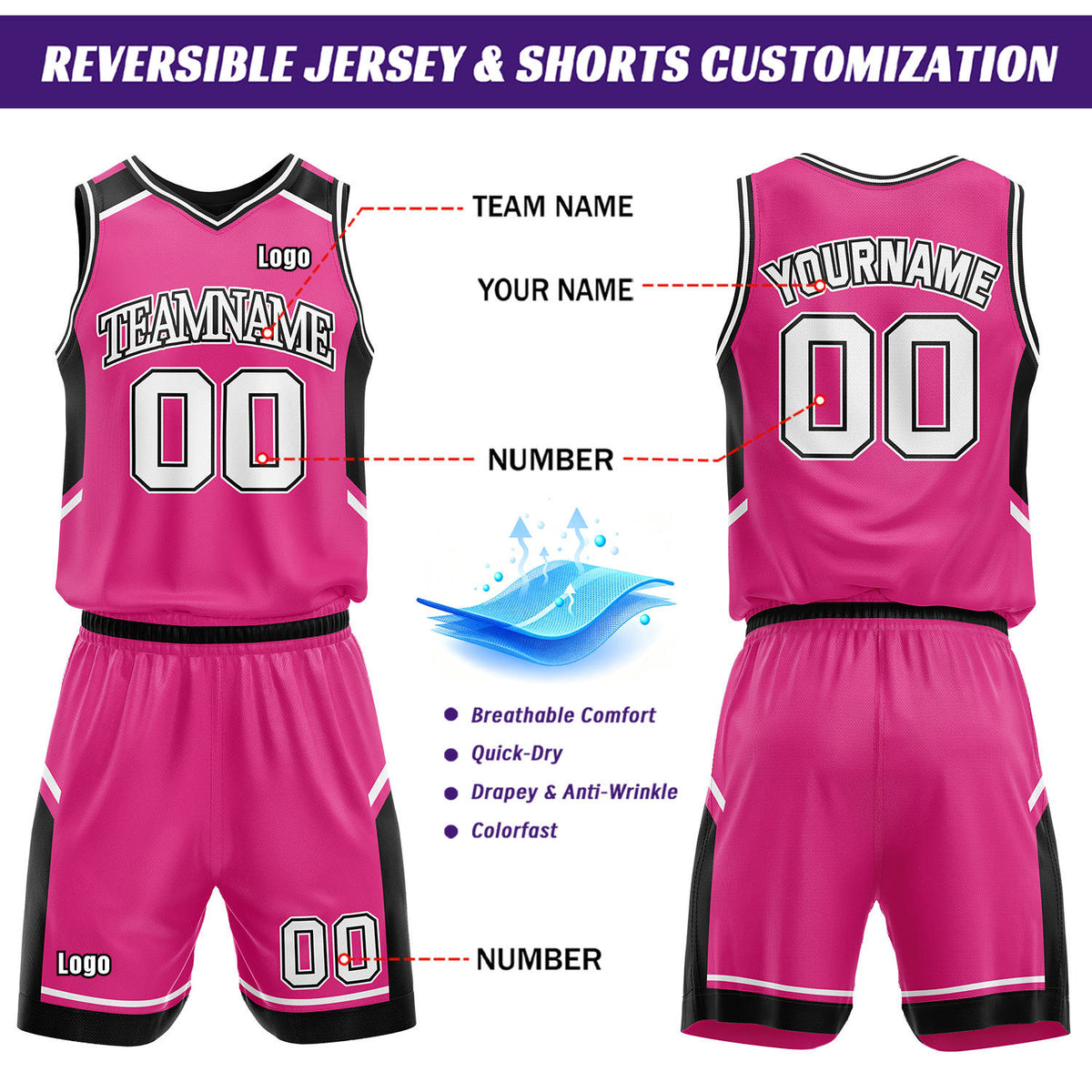 Custom Reversible Basketball Uniform Set | Black & Hot Pink V-Neck Sleeveless Jersey & Athletic Shorts