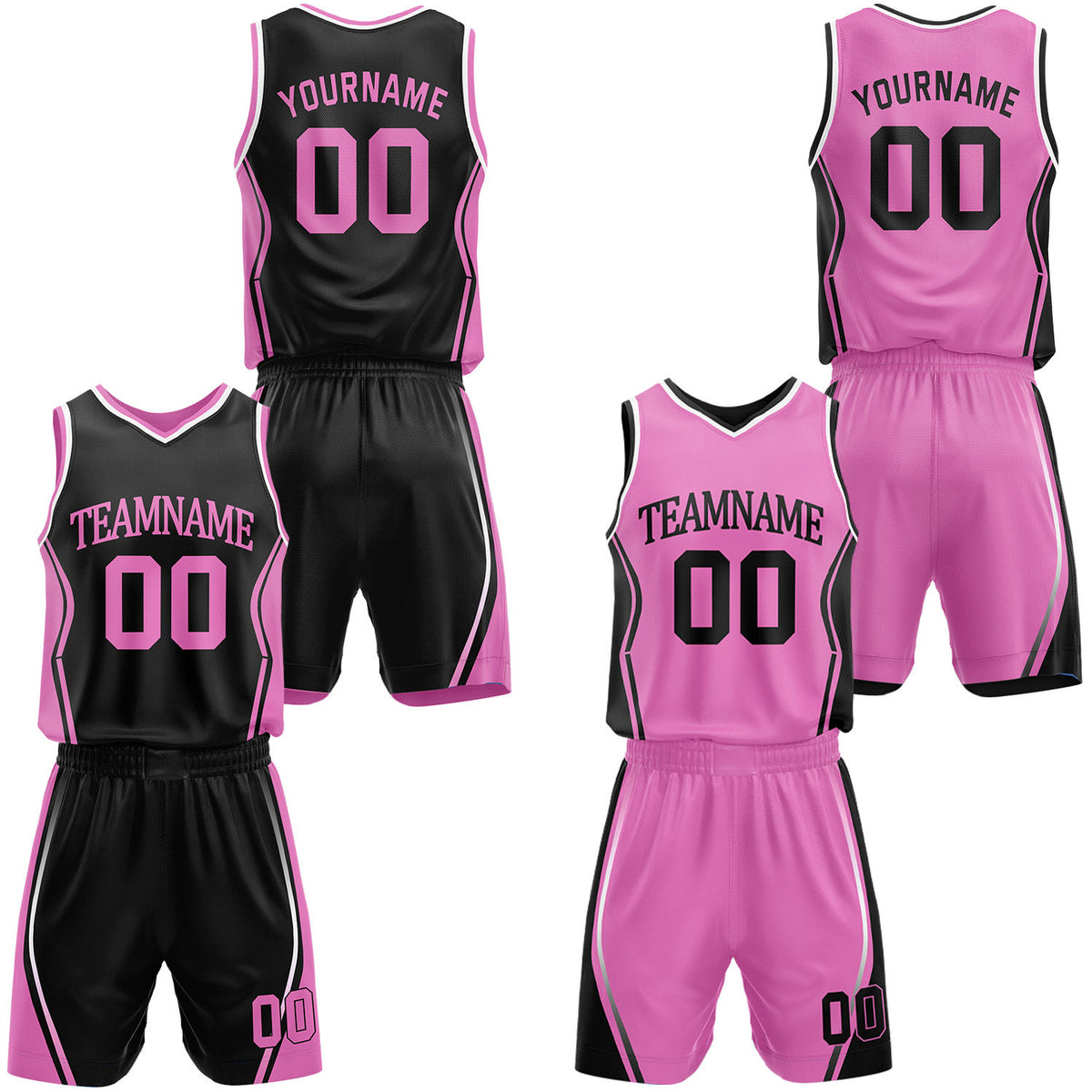 Custom black &amp; hot pink reversible basketball jersey shorts set by Vosoli | Personalized block team name number geometric uniform sportswear