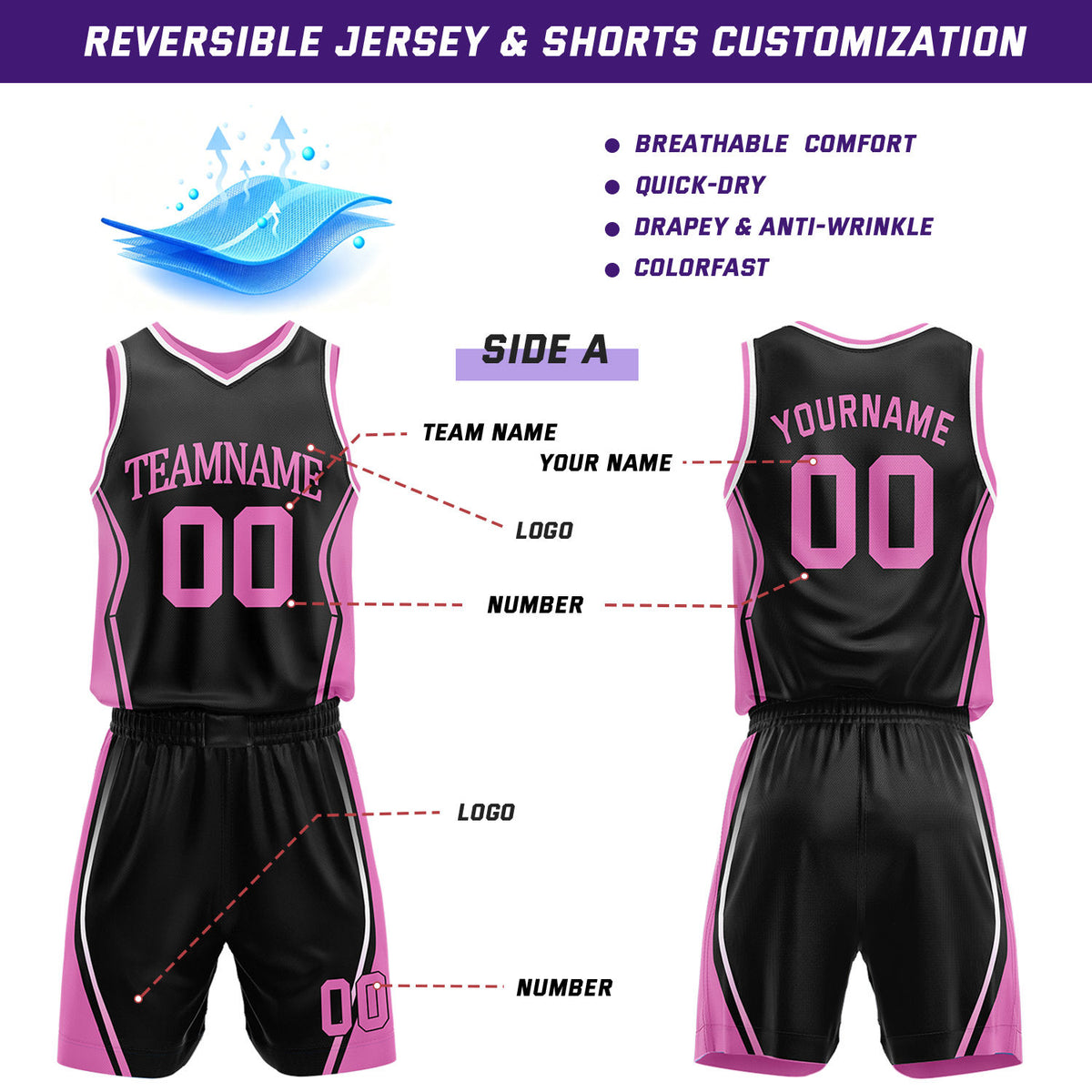 Custom Black & Hot Pink Reversible Geometric Basketball Jersey Shorts Set | Personalized Team Uniform