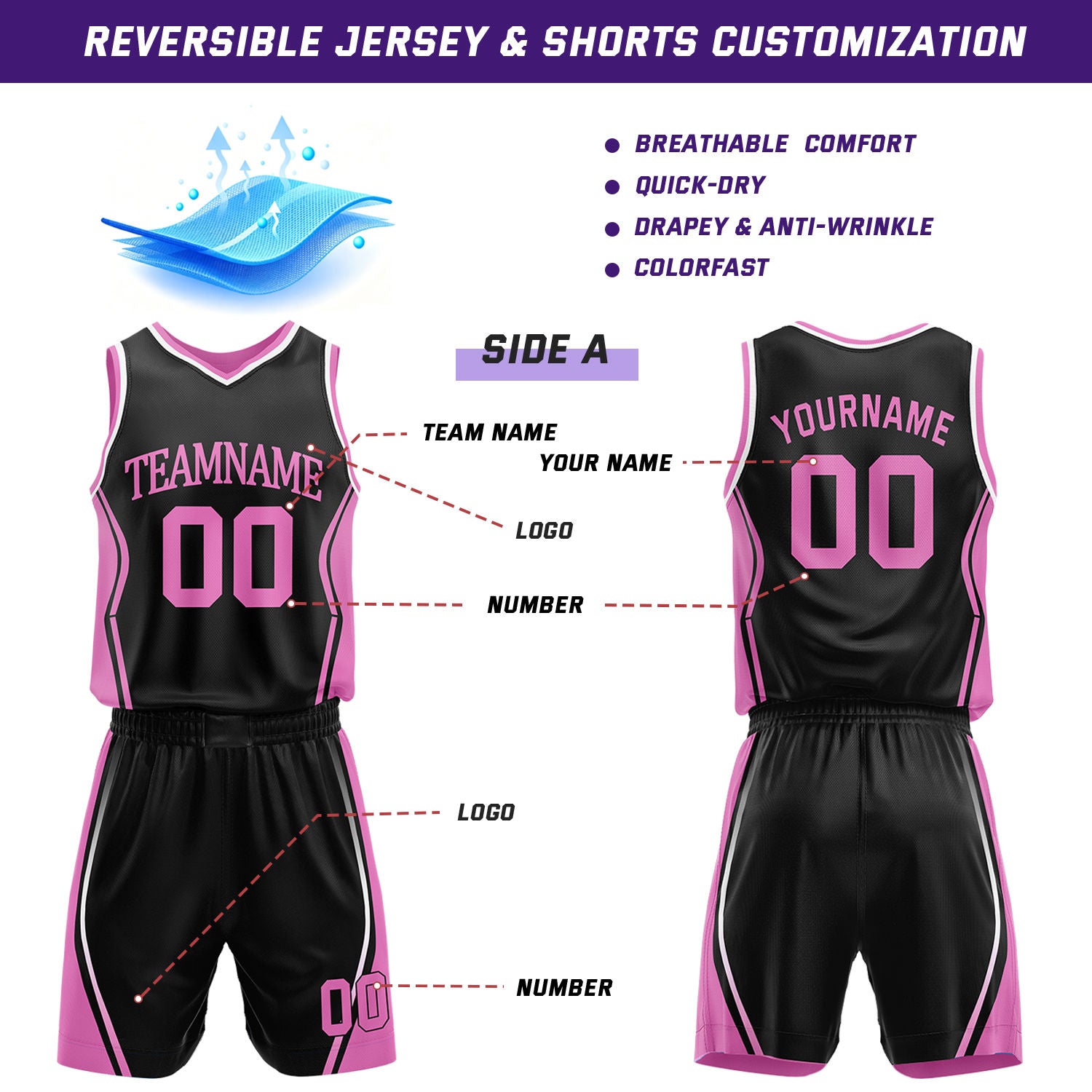 Custom Black & Hot Pink Reversible Geometric Basketball Jersey Shorts Set | Personalized Team Uniform