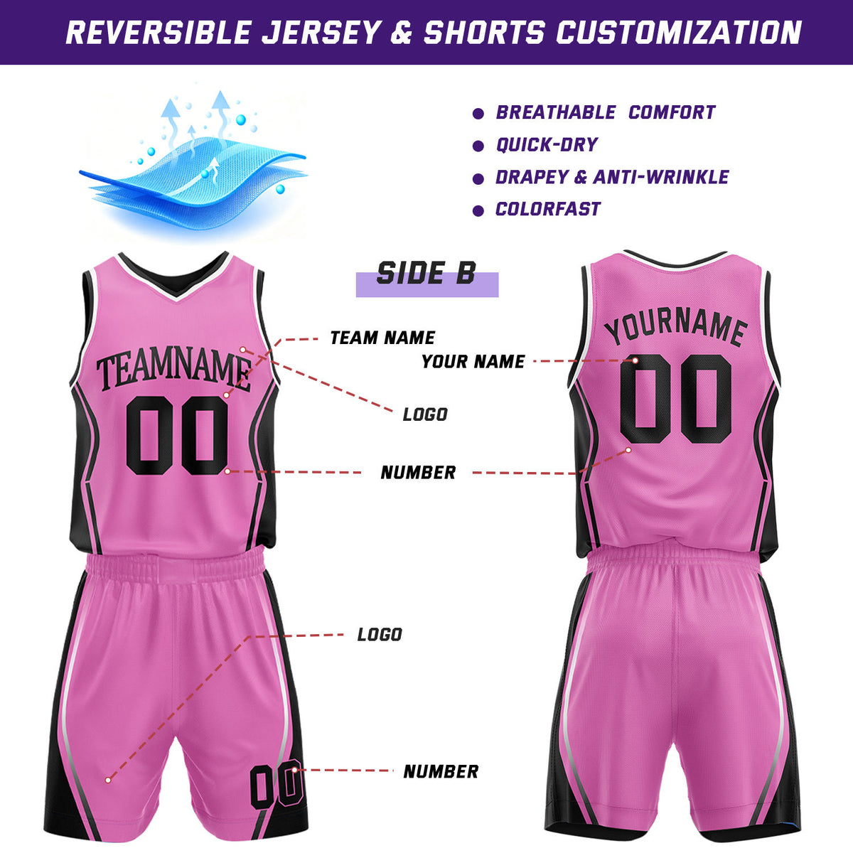 Custom Black & Hot Pink Reversible Geometric Basketball Jersey Shorts Set | Personalized Team Uniform