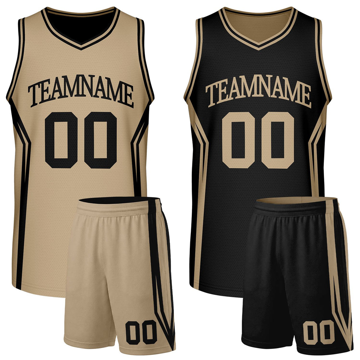 Custom black and khaki basketball jersey and shorts, reversible set with personalized name & number, breathable mesh for adult & youth.