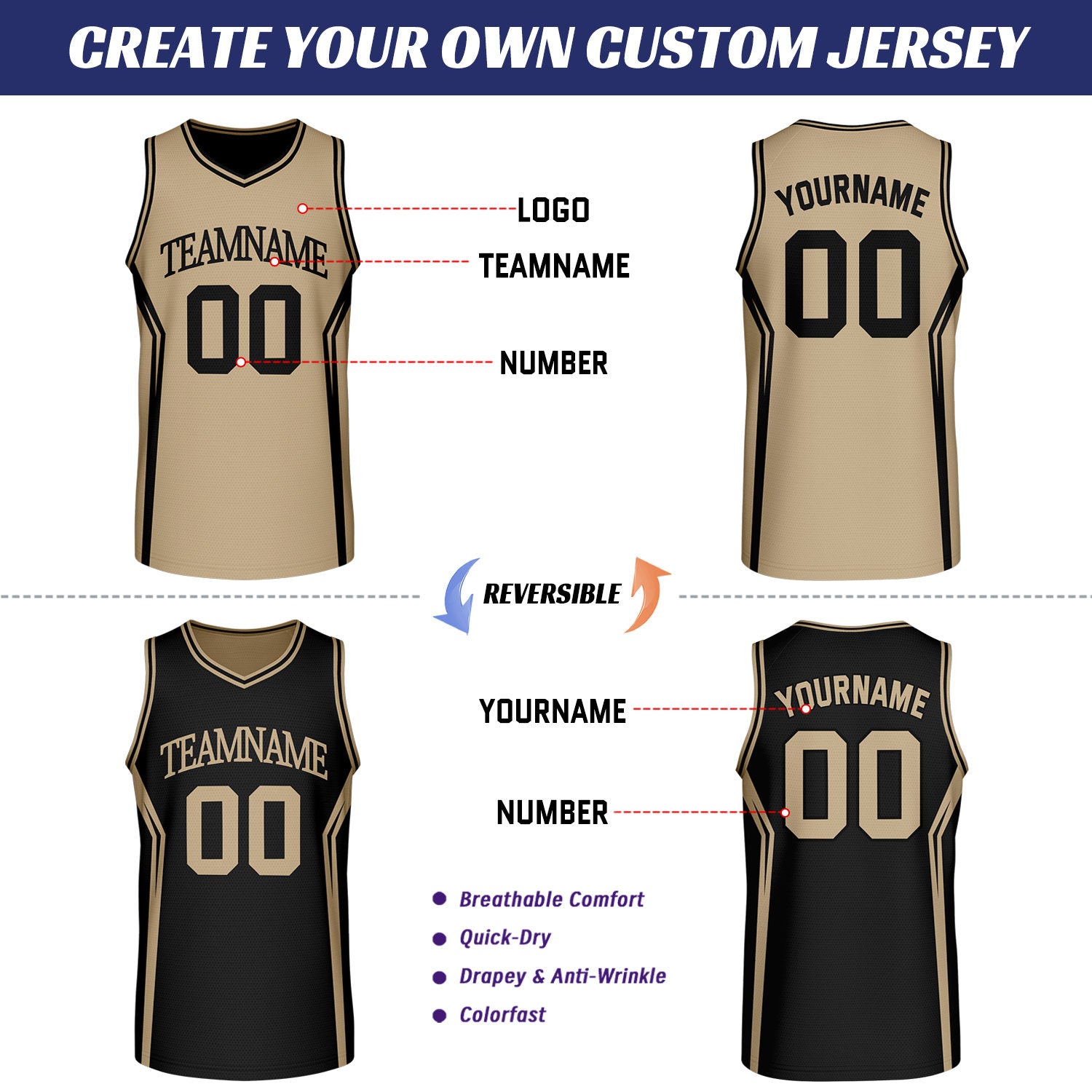 Custom Black & Khaki Two Sided Basketball Uniform Set | Personalized Team Uniforms for Adult & Youth