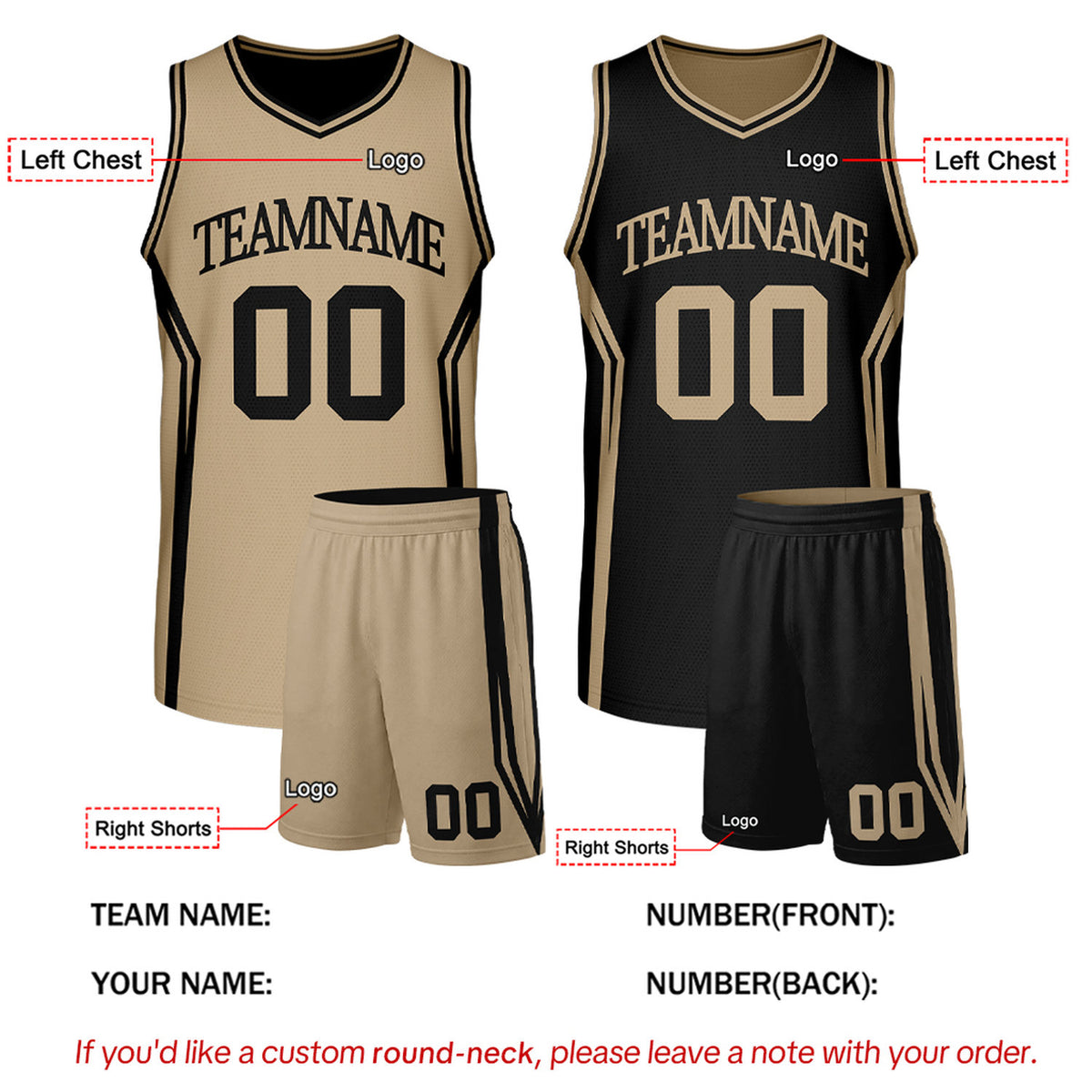 Custom Black & Khaki Two Sided Basketball Uniform Set | Personalized Team Uniforms for Adult & Youth