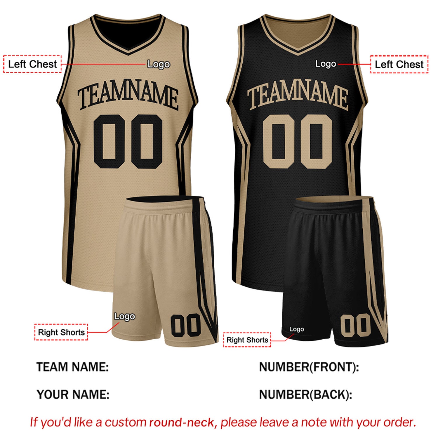 Custom Black & Khaki Two Sided Basketball Uniform Set | Personalized Team Uniforms for Adult & Youth