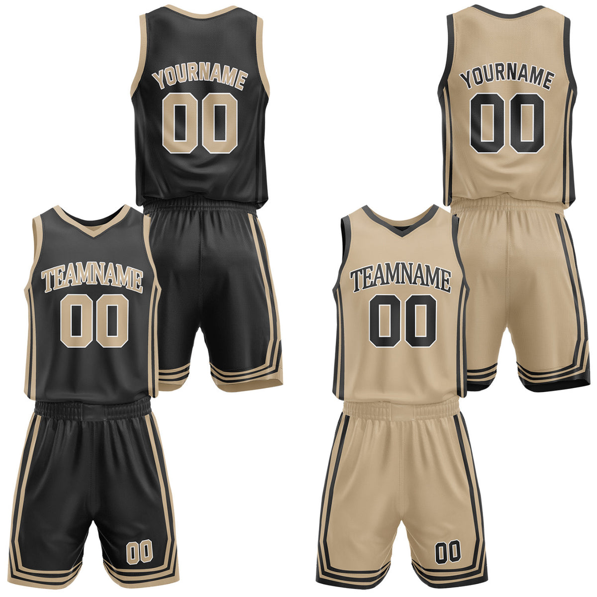 Custom black &amp; khaki reversible basketball jersey shorts set by Vosoli | Personalized team name number casual vintage uniform sportswear