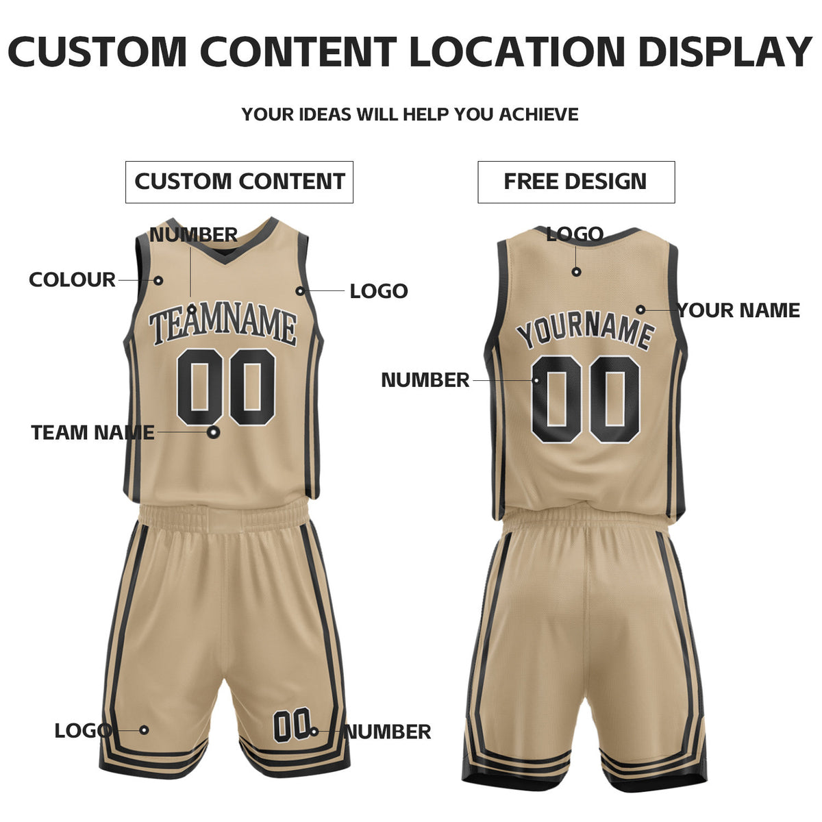 Custom Black & Khaki Reversible Basketball Jersey Shorts Set | Personalized Full Vintage Team Uniform