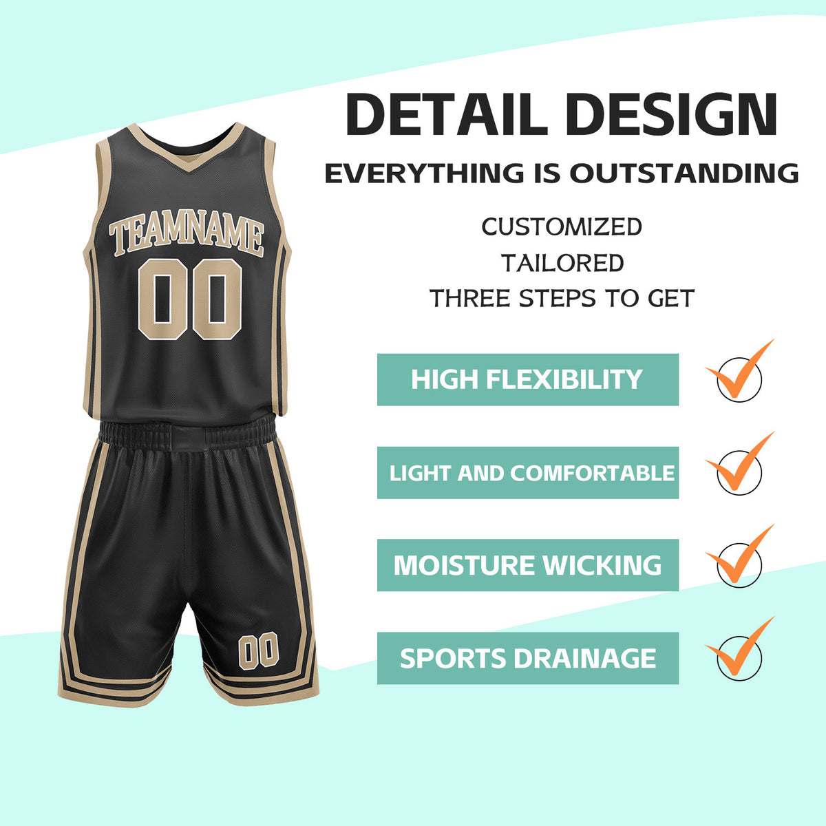 Custom Black & Khaki Reversible Basketball Jersey Shorts Set | Personalized Full Vintage Team Uniform