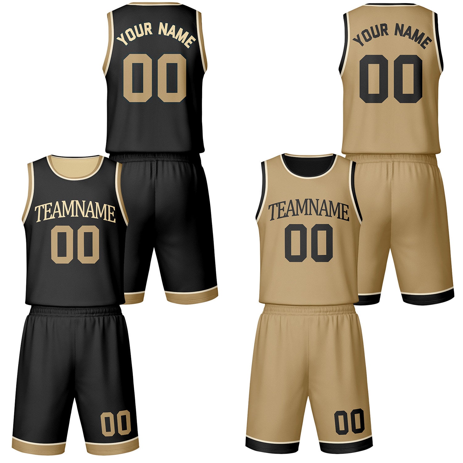 Custom black & khaki reversible basketball jersey shorts set by Vosoli | Personalized team name number vintage uniform sportswear