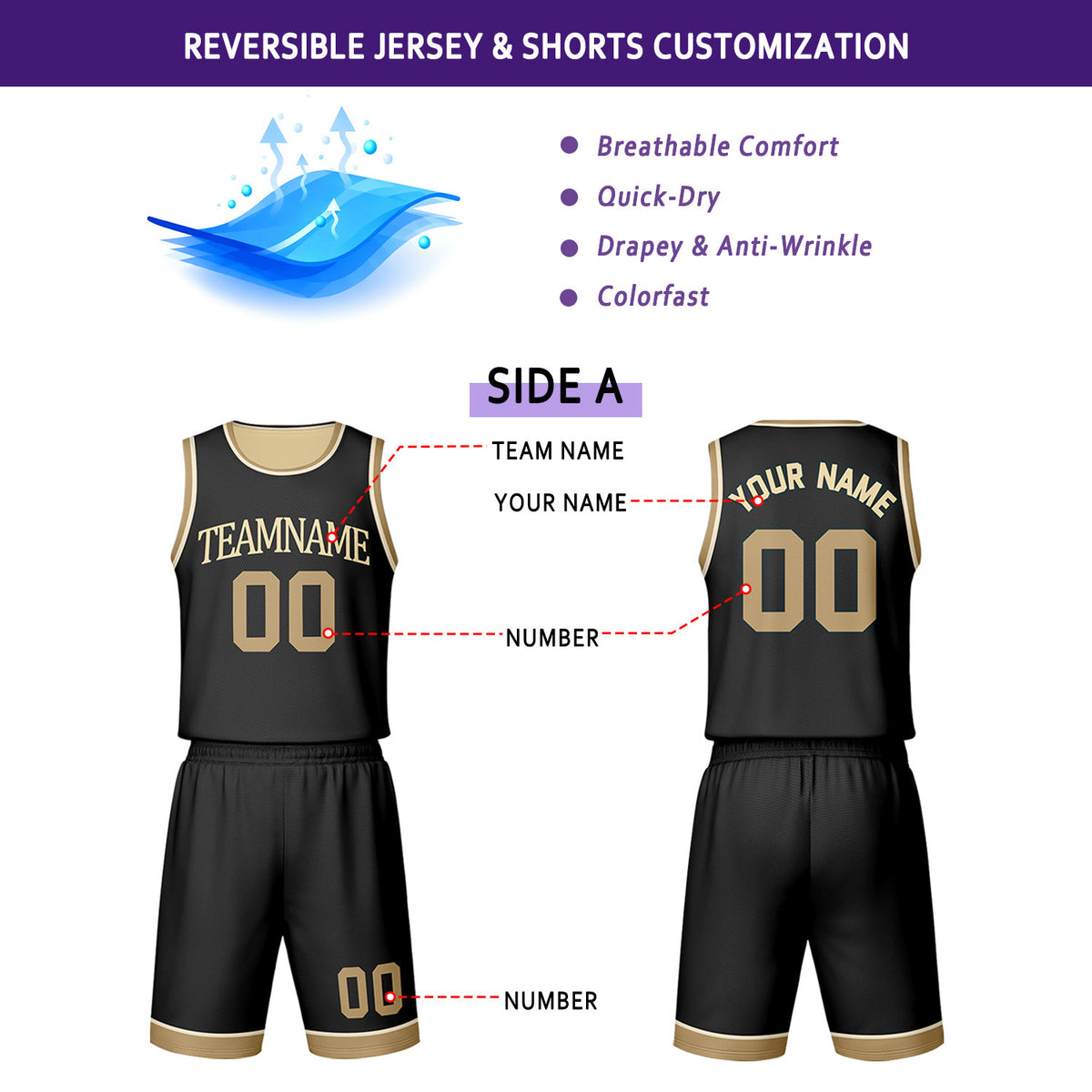 Custom Black & Khaki Reversible Basketball Jersey Shorts Set | Personalized Team Uniform