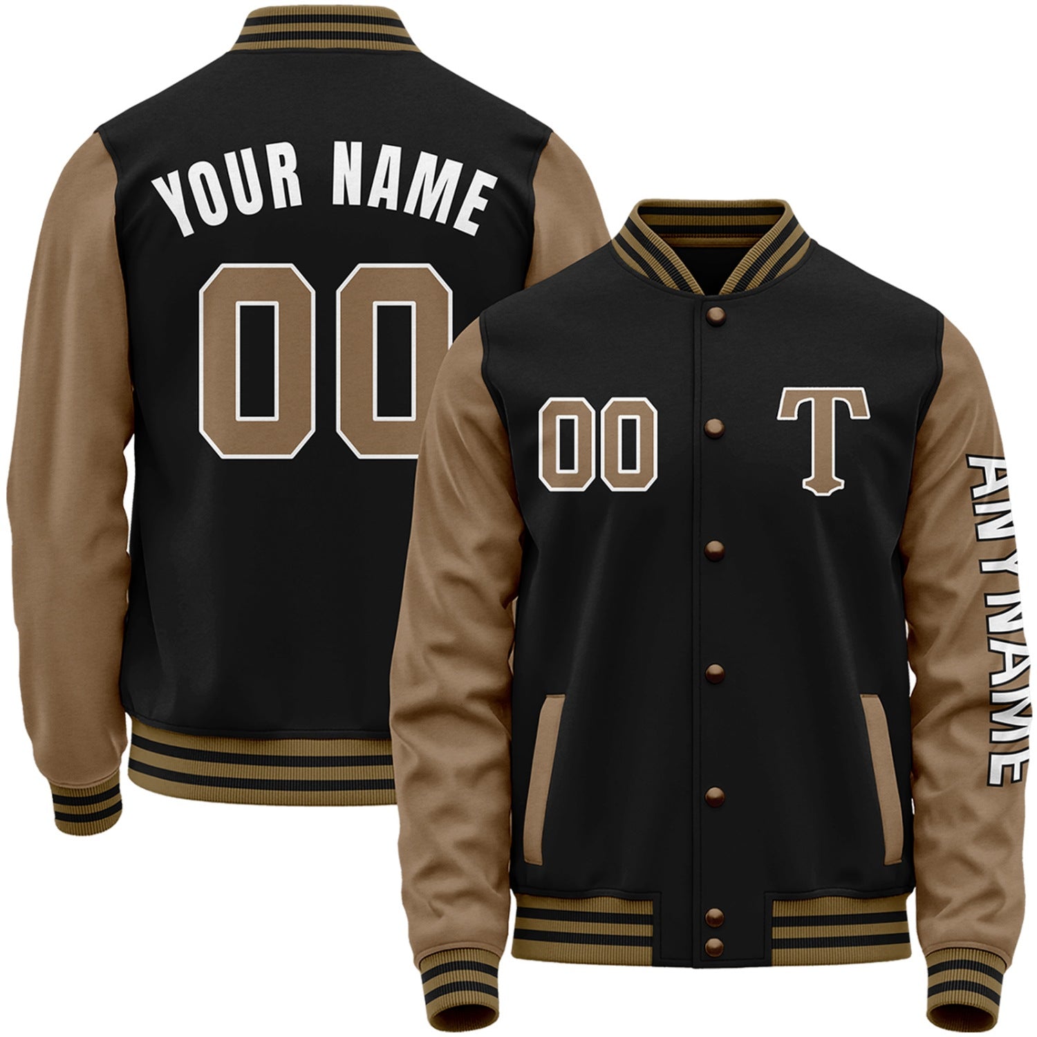 Custom black and khaki varsity baseball jacket by Vosoli with stitched name, number and logo. Classic varsity jacket for baseball and casual wear.