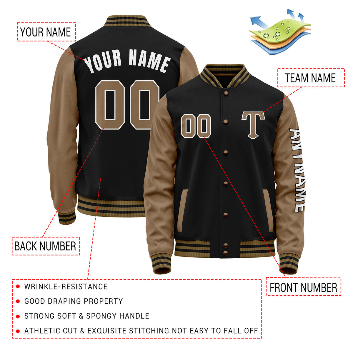 Custom Black & Khaki Varsity Letterman Jacket | Personalized Baseball Bomber Coat for Adult & Youth